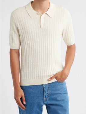 Wax London Naples Knit Polo in Natural Melange size Large